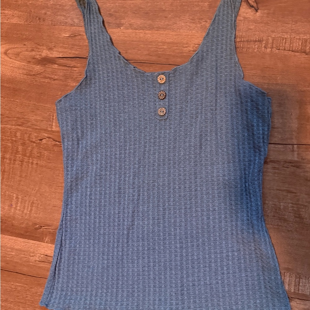 Textured Blue Tank Top with Button Details